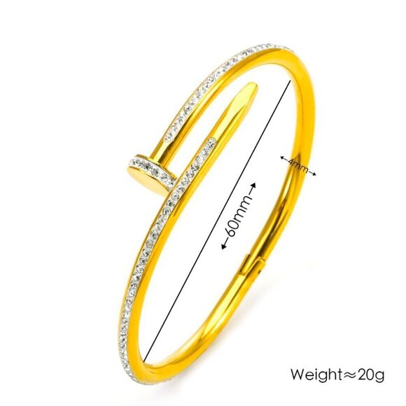 18K Gold Plated Stainless Steel Luxury Simulated Diamond Nail Bangle - Picture 1 of 2